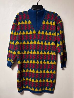 CACHAREL Vintage Blue Yellow Red Wool Knit Half Zip Up Sweater Dress